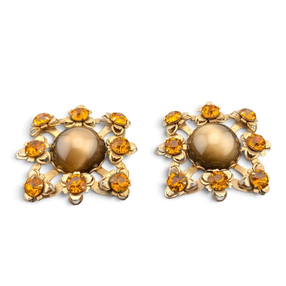 Vintage Amber Topaz Rhinestone Clip On Earrings Gold Tone Floral Cabochon